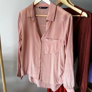 Zara Blush Pink Button Up Blouse size Large